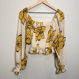 Hutch Anthropologie S Yellow Floral Smocked Crop Puff Sleeve Off Shoulder Top